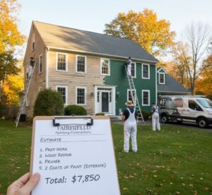 A Fairfield Painting Contractors crew painting a two-story Connecticut home green while a person holds a clipboard showing a $7,850 estimate for prep work, wood repair, and two coats of paint.