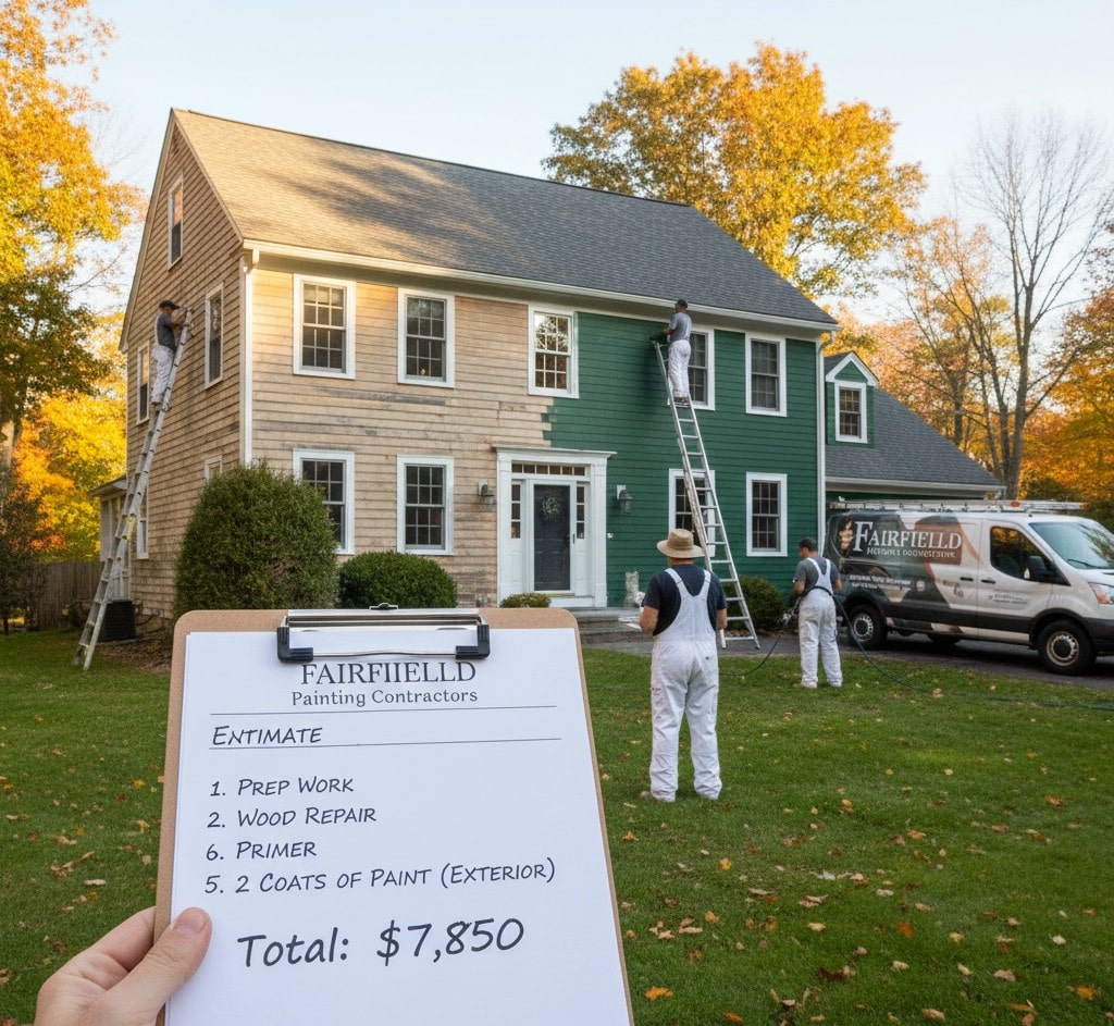 A Fairfield Painting Contractors crew painting a two-story Connecticut home green while a person holds a clipboard showing a $7,850 estimate for prep work, wood repair, and two coats of paint.