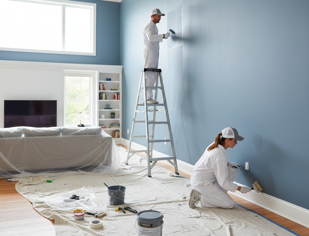 Two professional painters in white uniforms painting a high blue living room wall with a ladder and drop cloths in a Connecticut home.