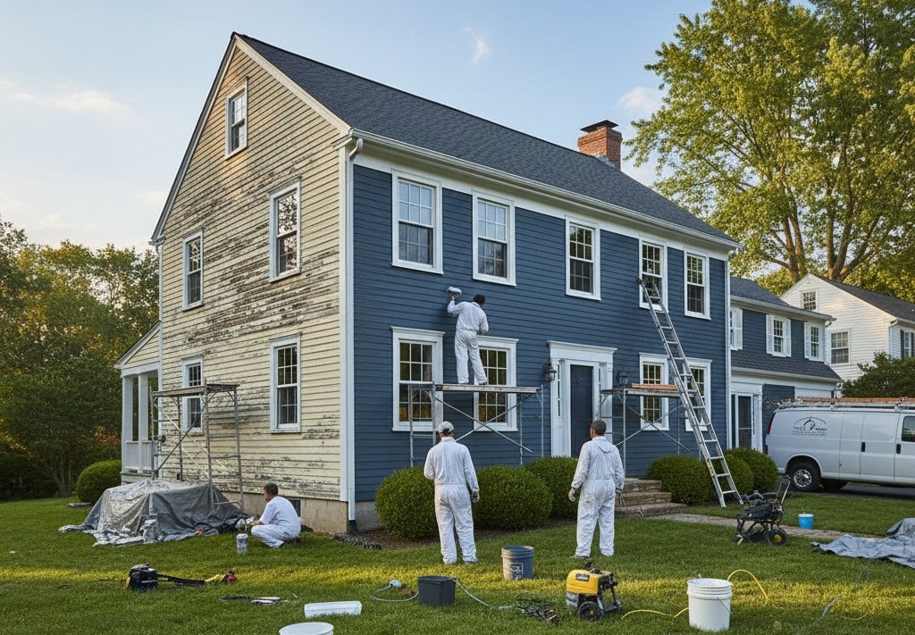 Professional painters in white coveralls applying dark blue paint to a traditional two-story colonial home in Connecticut, showing scaffolding and prep work
