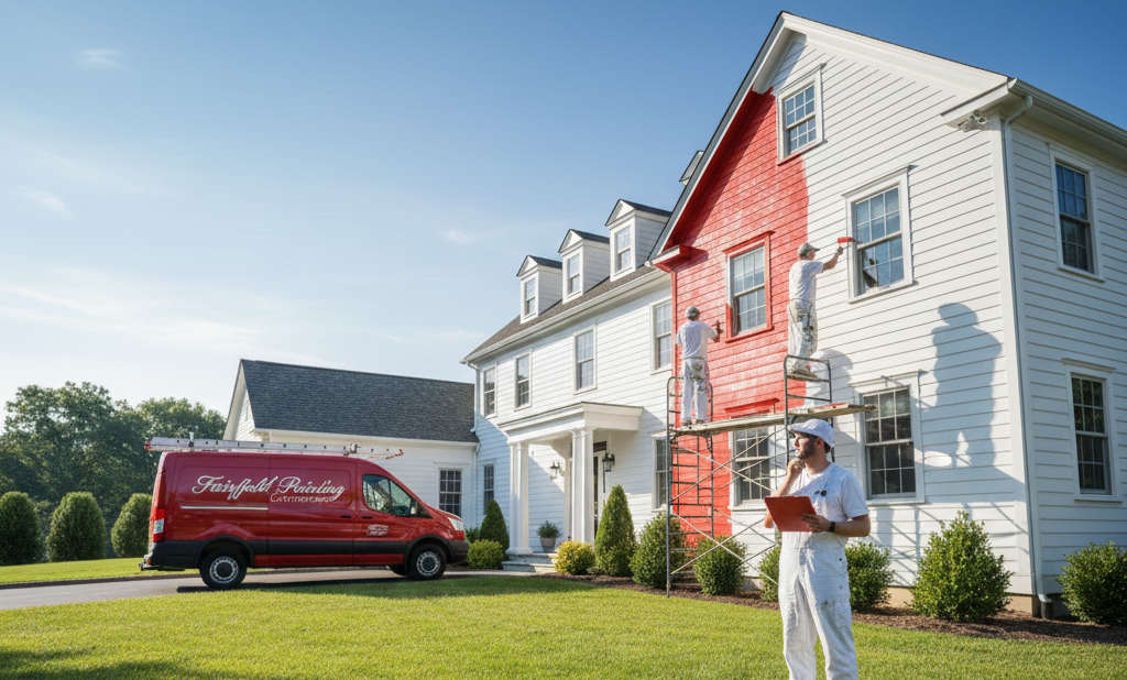 Three painters repainting a large white colonial house red — two on scaffolding and ladder applying paint while a foreman with a clipboard stands on the lawn beside a red van branded "Fairfield Painting" — How Much Does House Painting Cost in Fairfield, CT?