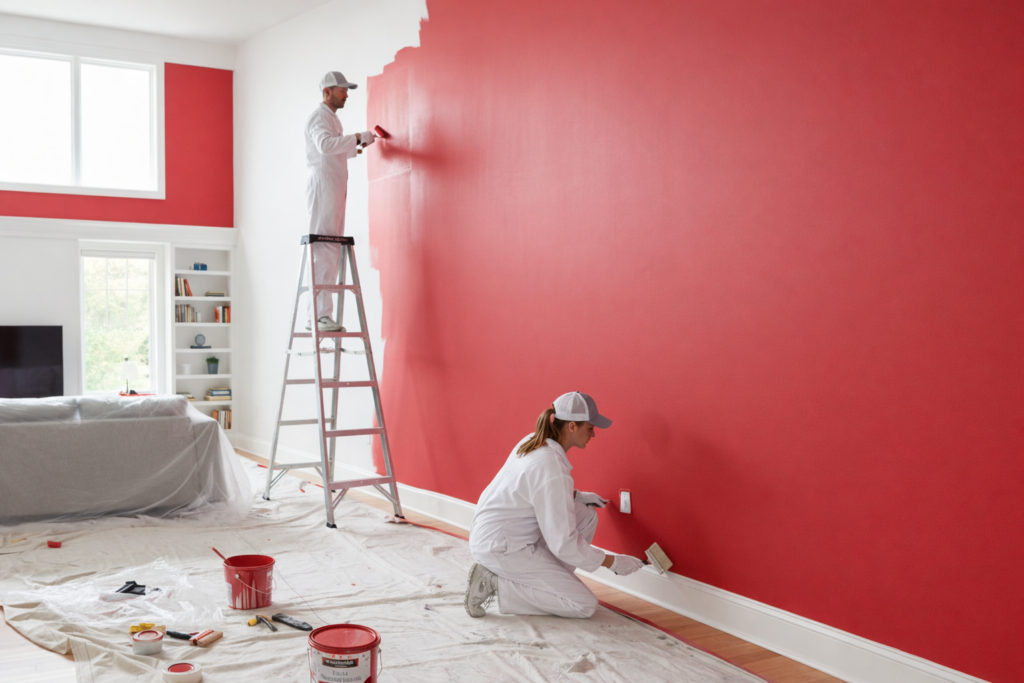 Two painters in white coveralls painting a living room wall bright red — one on a ladder rolling the upper wall and another kneeling to paint near the baseboard with drop cloths and paint cans on the floor; image for "How Much Does House Painting Cost in Fairfield, CT?"