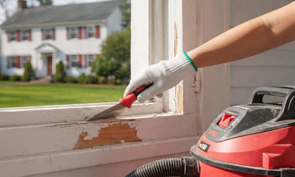 Person scraping peeling paint from a wooden window frame with a putty knife next to a shop vacuum, colonial house visible outside — How Much Does House Painting Cost in Fairfield, CT?