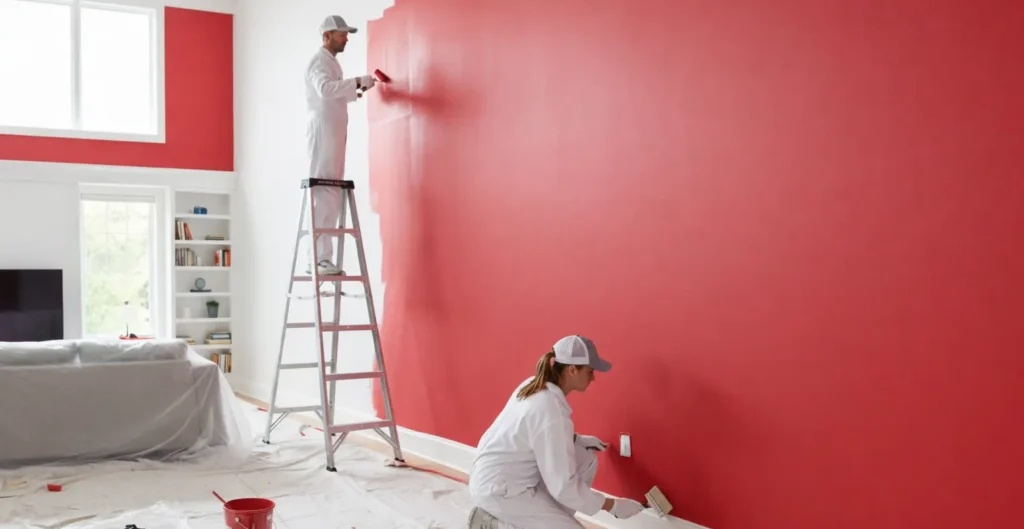A team of professional painters applying a bold red accent wall in a high-ceiling living room, providing an accurate estimate for house painting cost in Fairfield, CT.