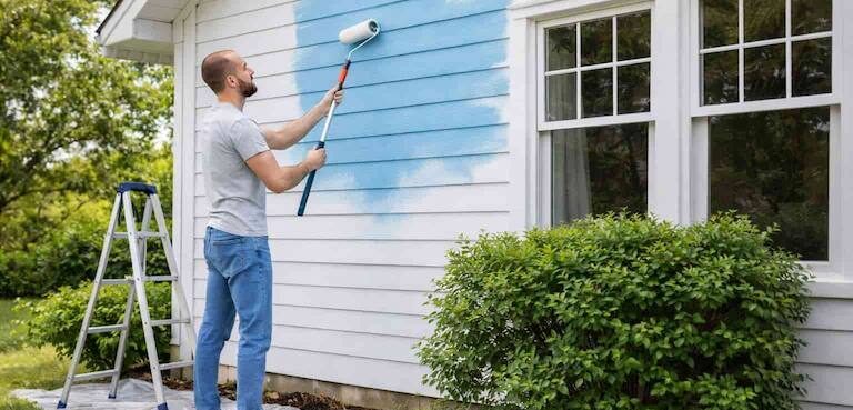 A professional painter wearing a branded uniform and protective gear precisely applying a high-quality finish to a residential property, illustrating the premium standards for those looking to paint your home in Fairfield, CT.