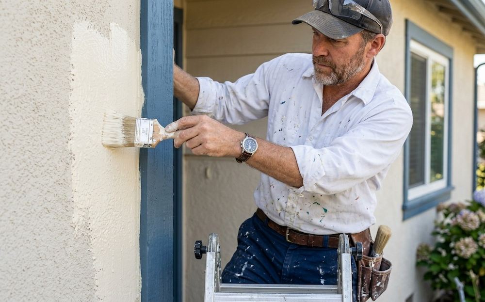 A man wearing a cap and paint-splattered shirt diy paints a house exterior cream, standing on a ladder.