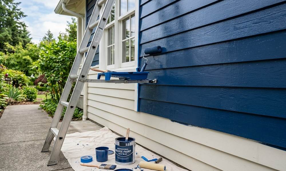 A ladder leans against a house with blue paint partially covering the siding.