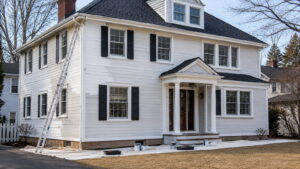 White house exterior repainting in progress with ladder and painting supplies.