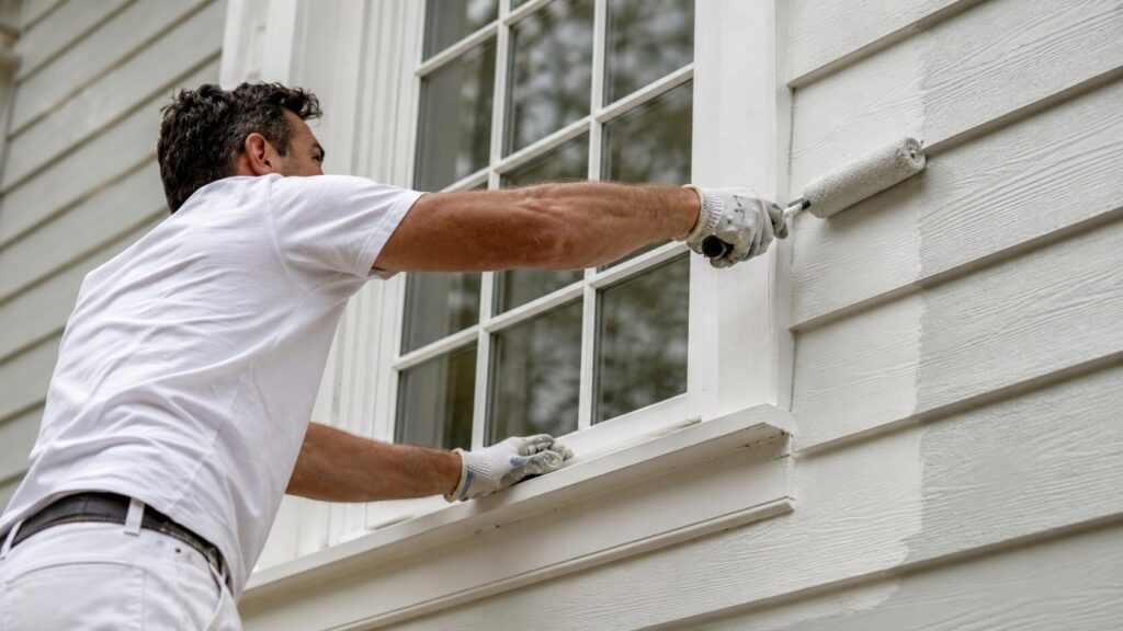 Professional painter applying white paint to exterior siding near a window.