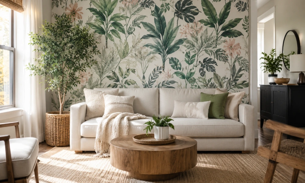 A bright living room with a botanical print peel and stick accent wall behind a linen sofa