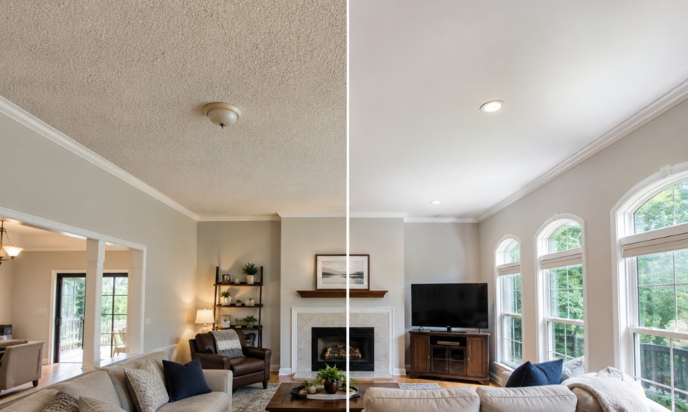 showing an old popcorn ceiling, right half showing a smooth white painted ceiling