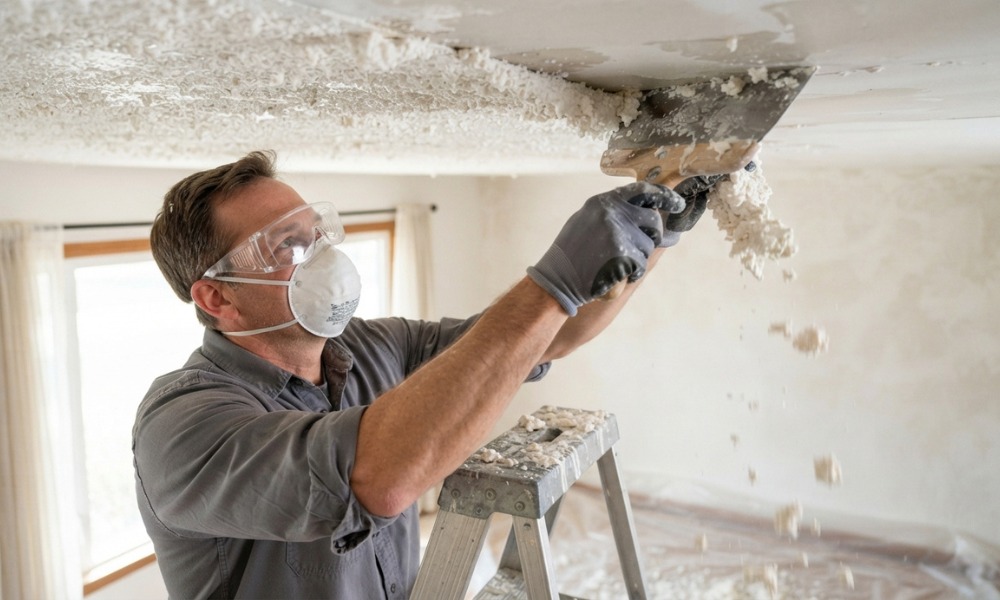 person in safety goggles and dust mask using a wide drywall scraper