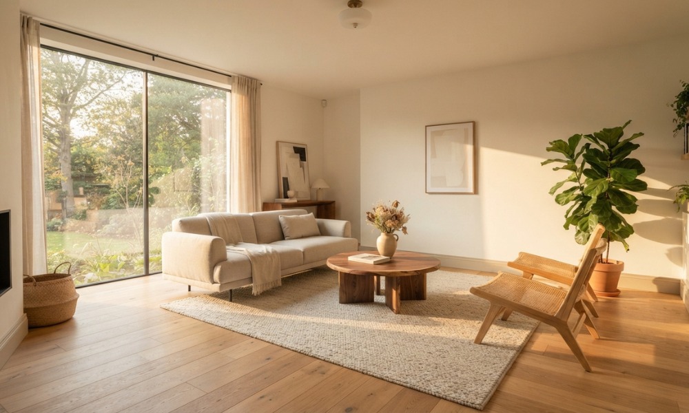 sunlit living room with neutral white walls