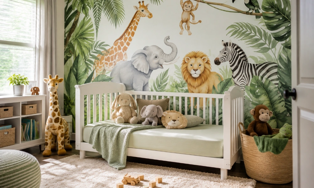 A child's bedroom with a colorful jungle-themed peel and stick mural behind a white toddler bed