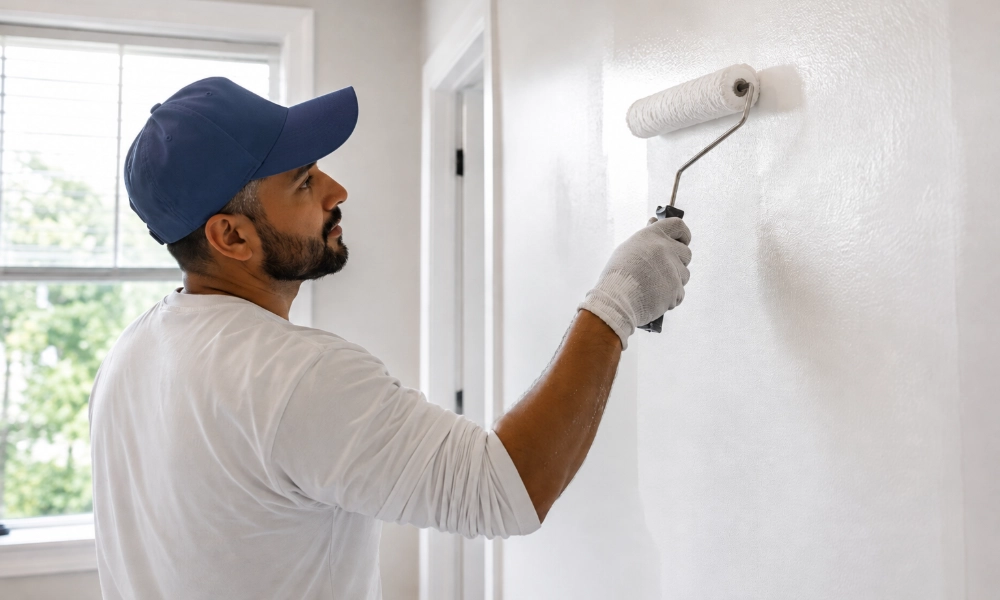 A professional painter smoothing a freshly painted interior wall in a Connecticut home